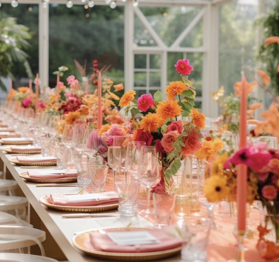 Bright Pink & Orange Flowers with Greenery